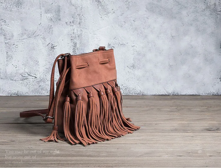 Womens Western Crossbody Bucket Purse With Fringe Boho Purses for Women