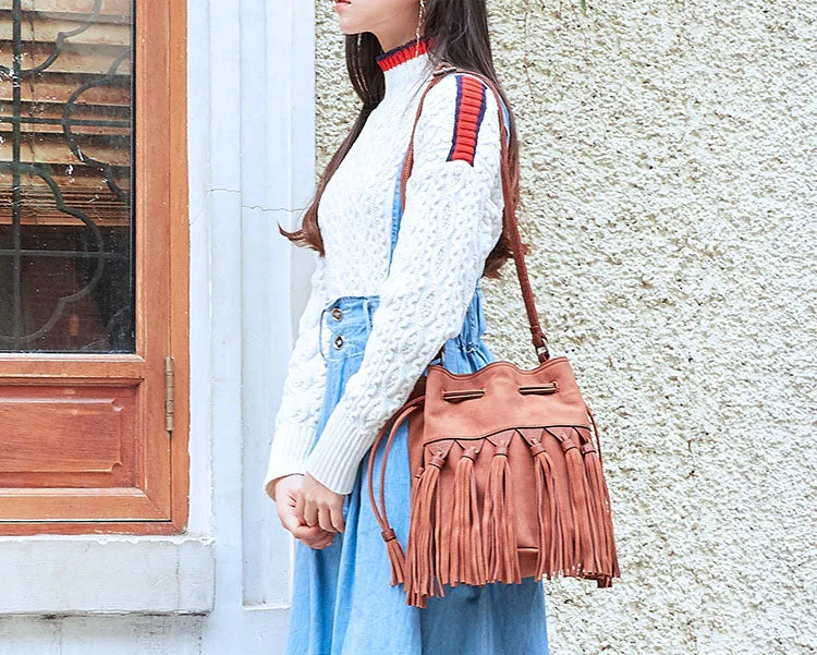 Womens Western Crossbody Bucket Purse With Fringe Boho Purses for Women
